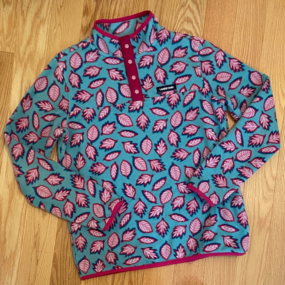 Lands' End Girls Teal Fleece Pullover with Pink Leaf Print